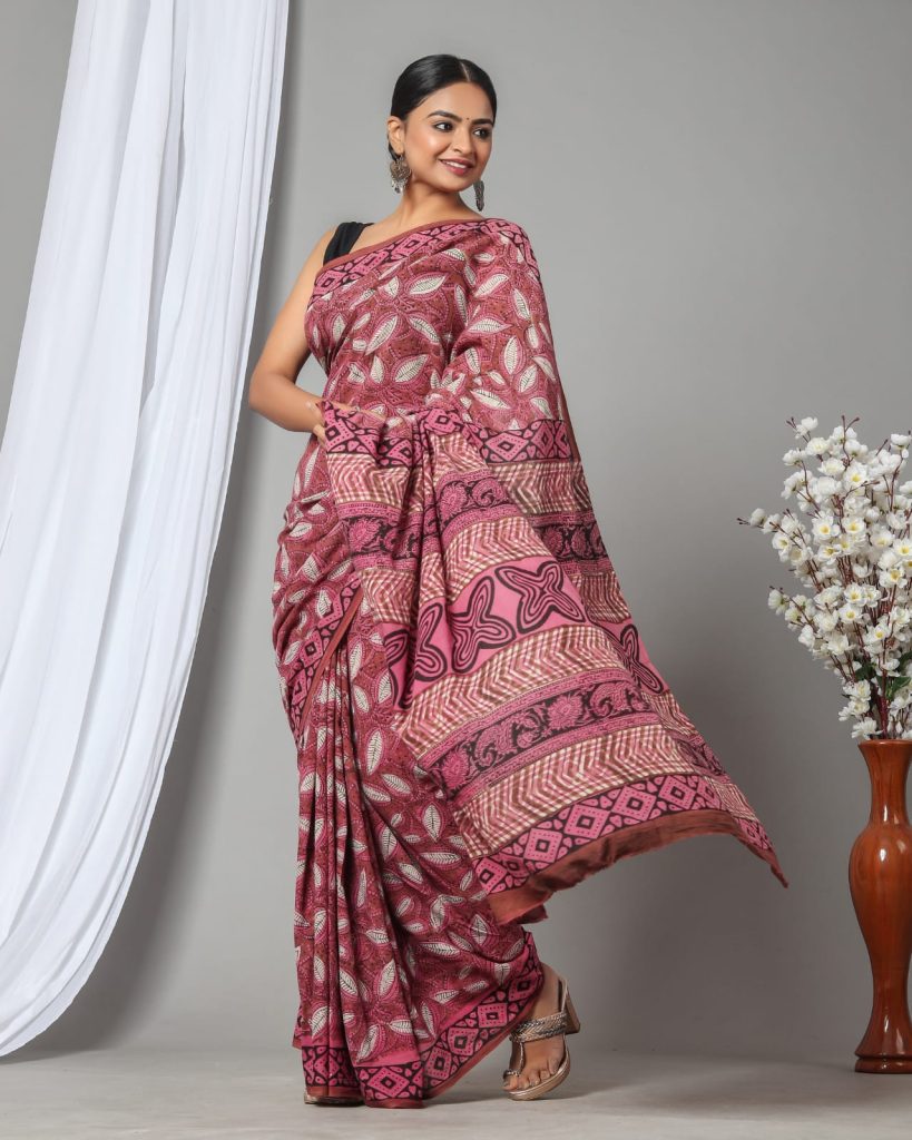 Blush red cotton hand block printed sarees online
