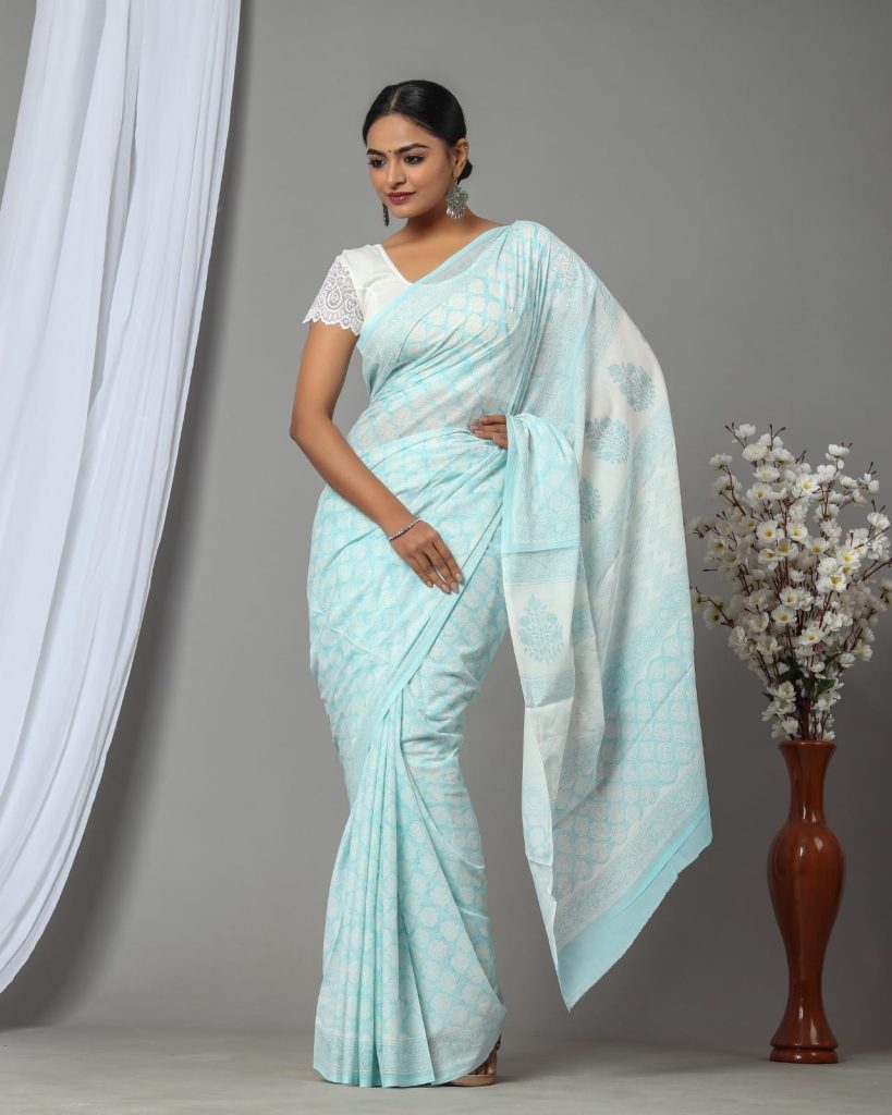Cyan blue cotton hand block print saree online