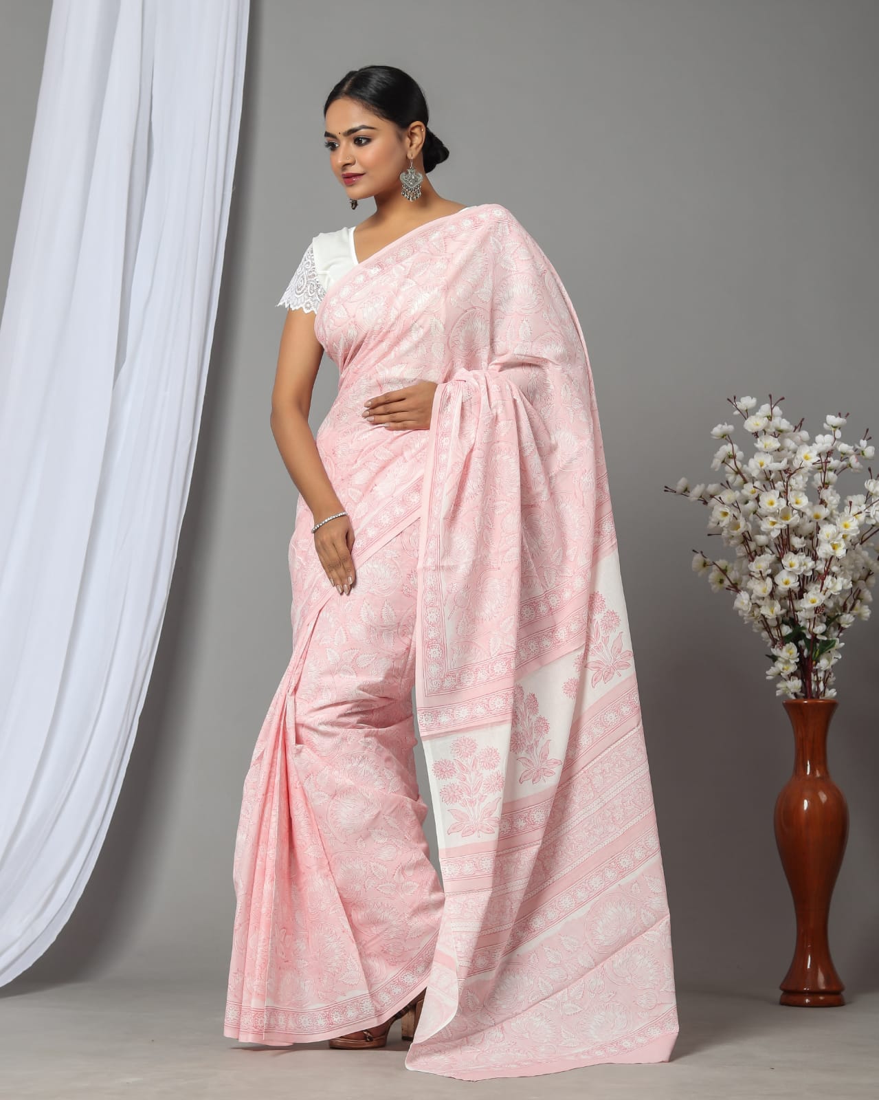 Pink cotton bagru hand block printed sarees