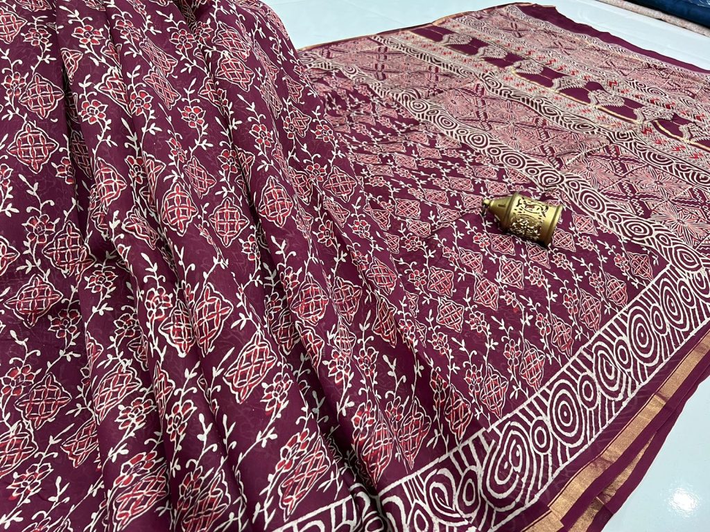 Plum color printed chanderi silk sarees