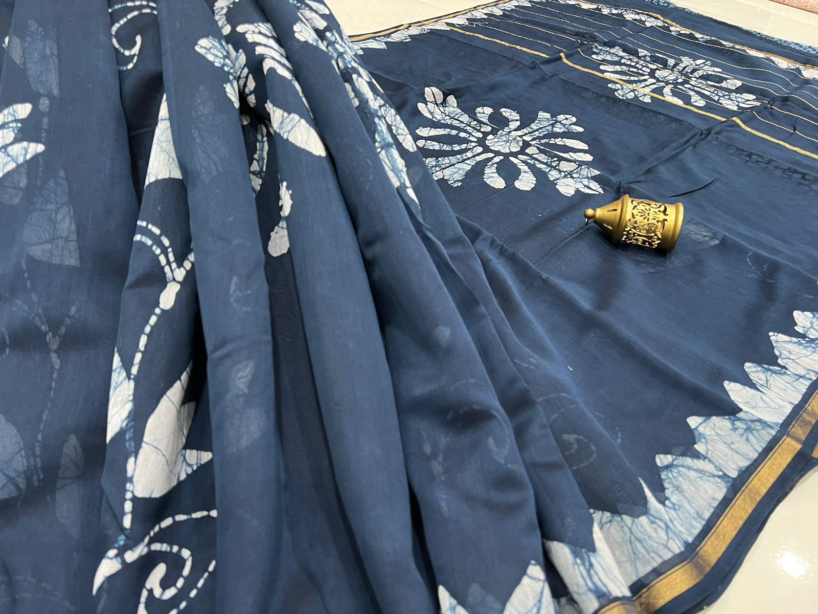 Prussian blue chanderi silk saree with zari border