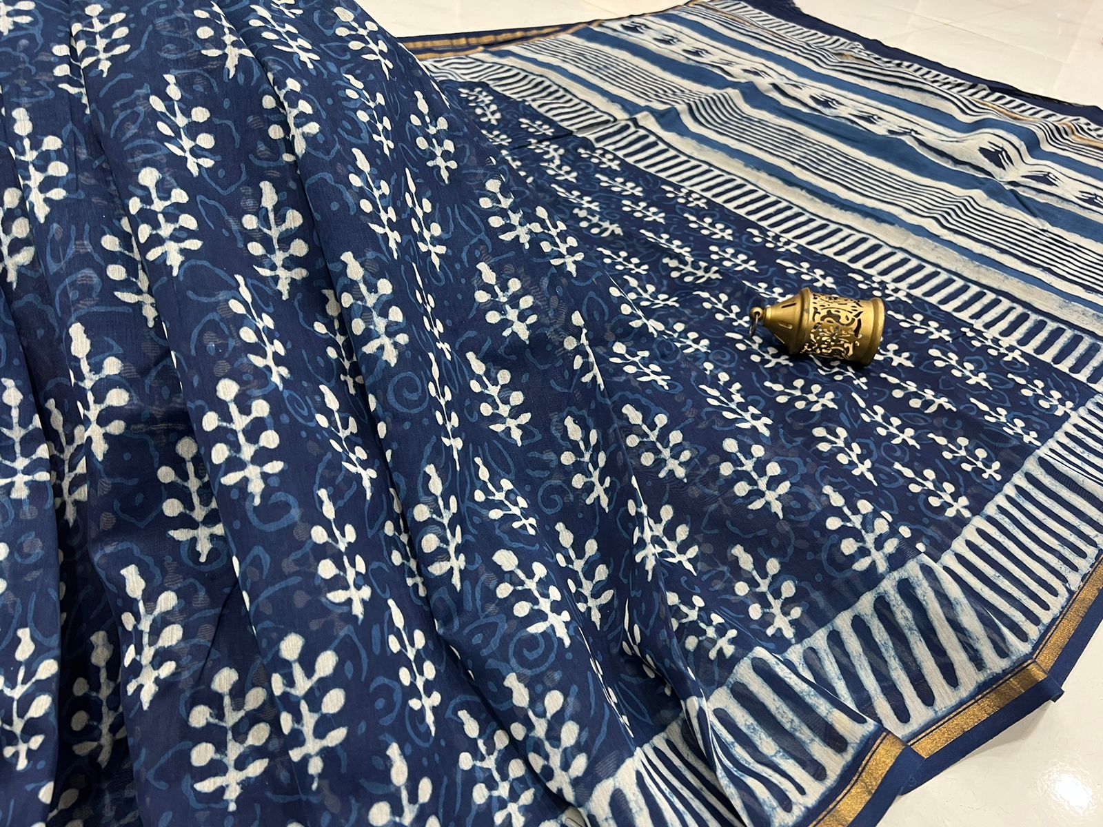 Printed Indigo color chanderi pure silk saree