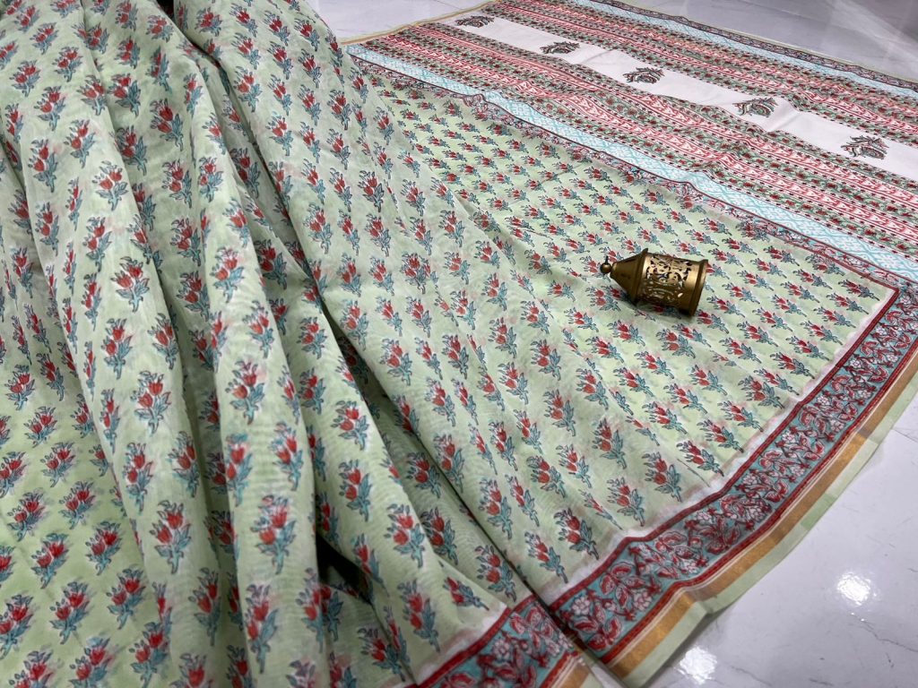 Parrot green printed chanderi silk saree with zari border