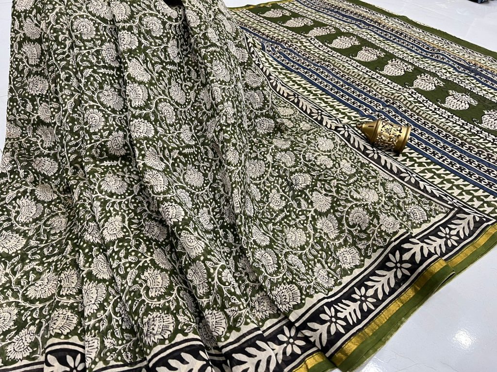 Olive green gad block print silk sarees in chanderi