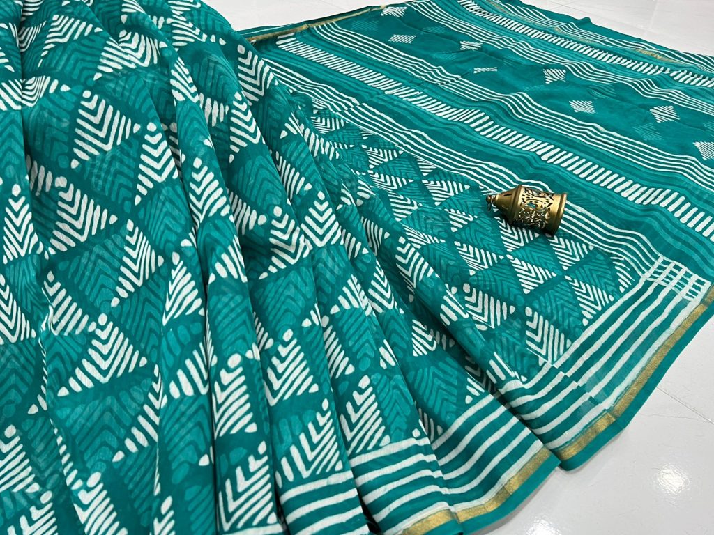 Teal green tirangle block printed chanderi sarees