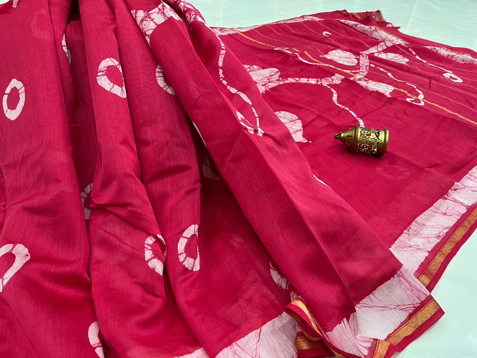 Ruby color chanderi hand block printing silk saree