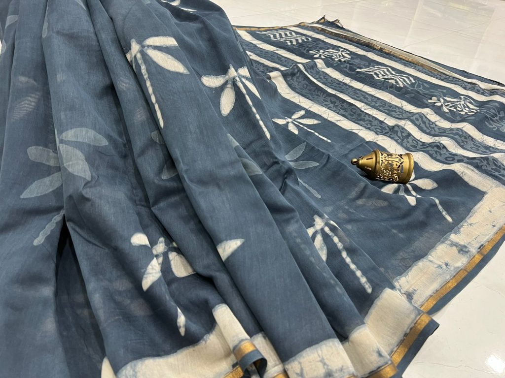 Slate gray chanderi hand block printed silk sarees