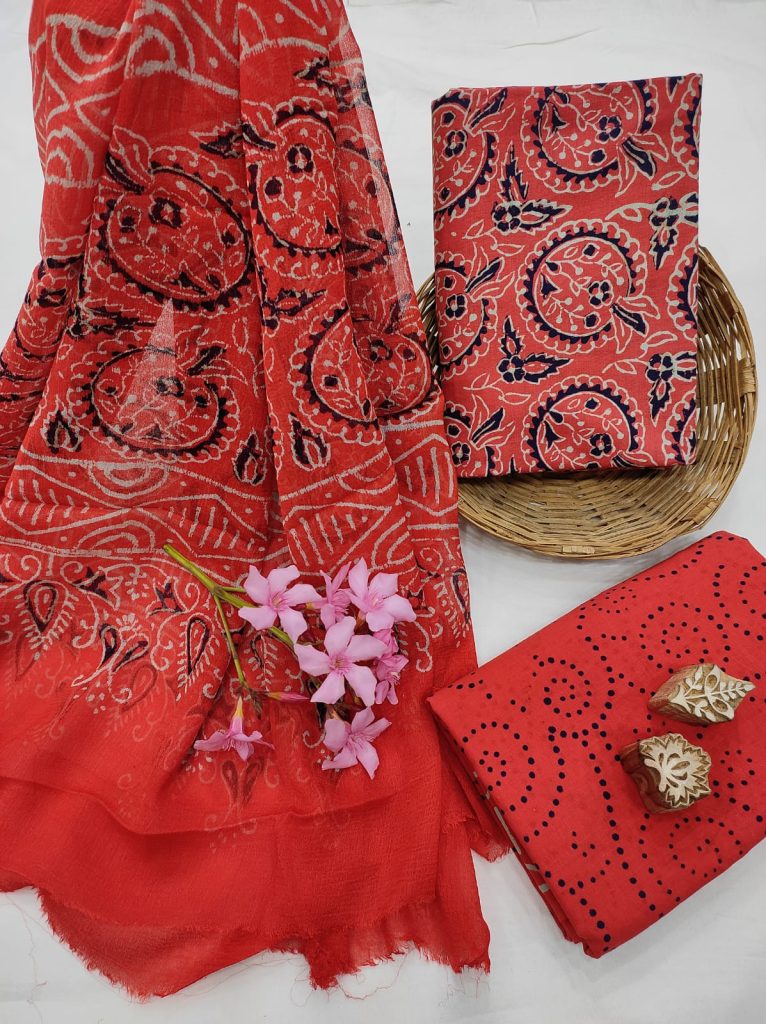 Persian Red online ladies suits with chiffon dupatta