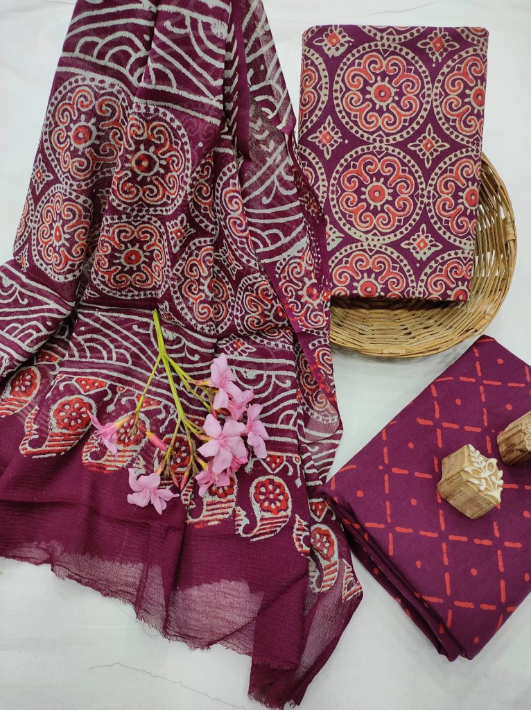 Pompadour color unstitched salwar suit with chiffon dupatta
