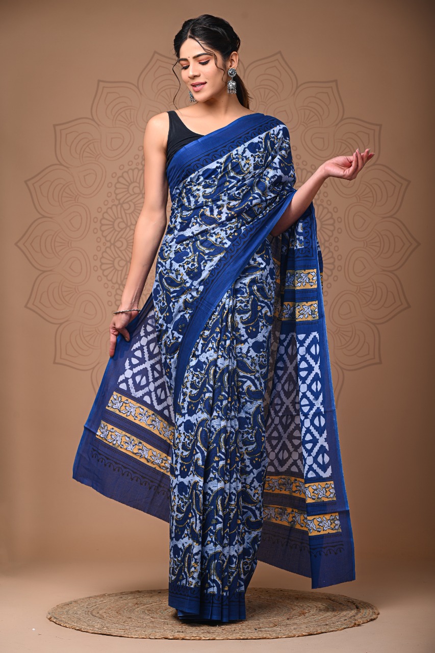 Blue indigo dabu daily wear cotton sarees