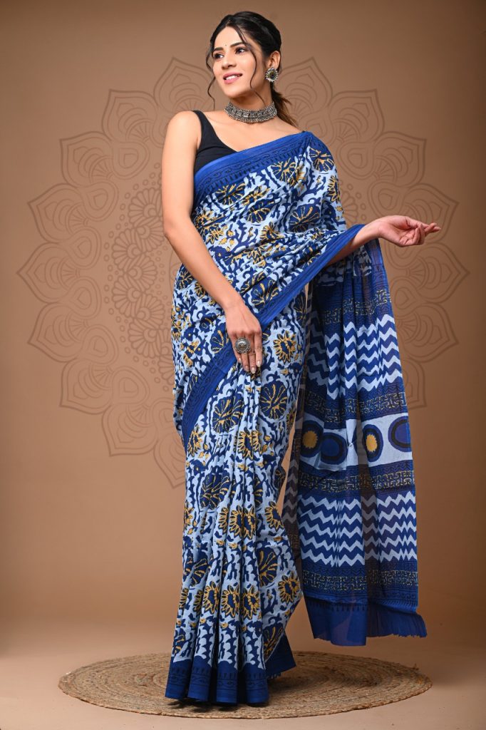 Indigo blue color soft pure cotton sarees