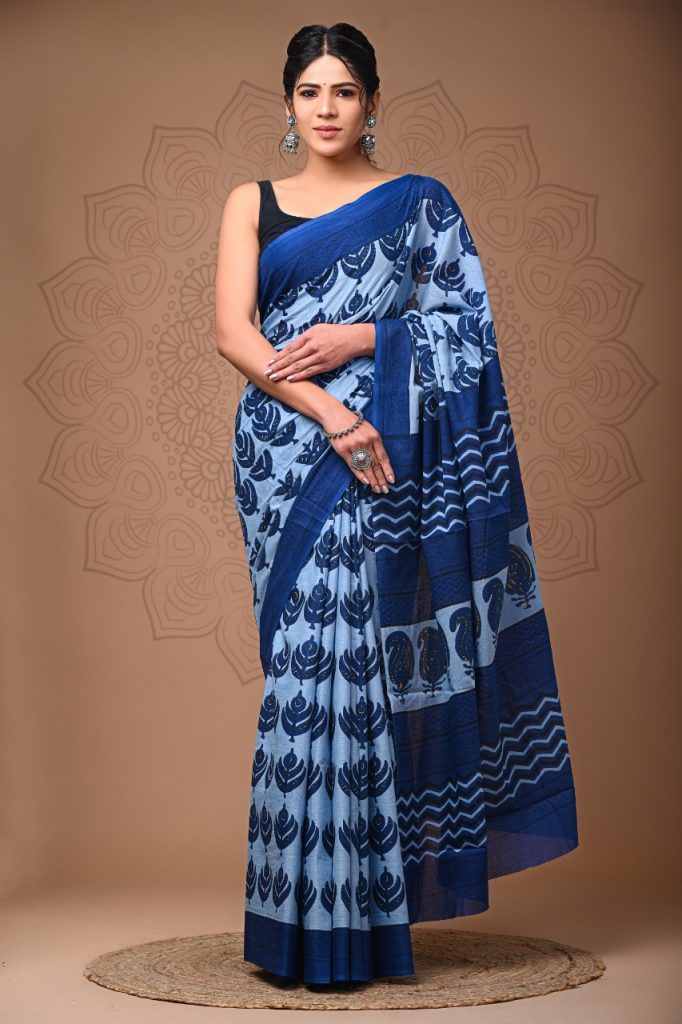 Indigo blue color summer cotton sarees online