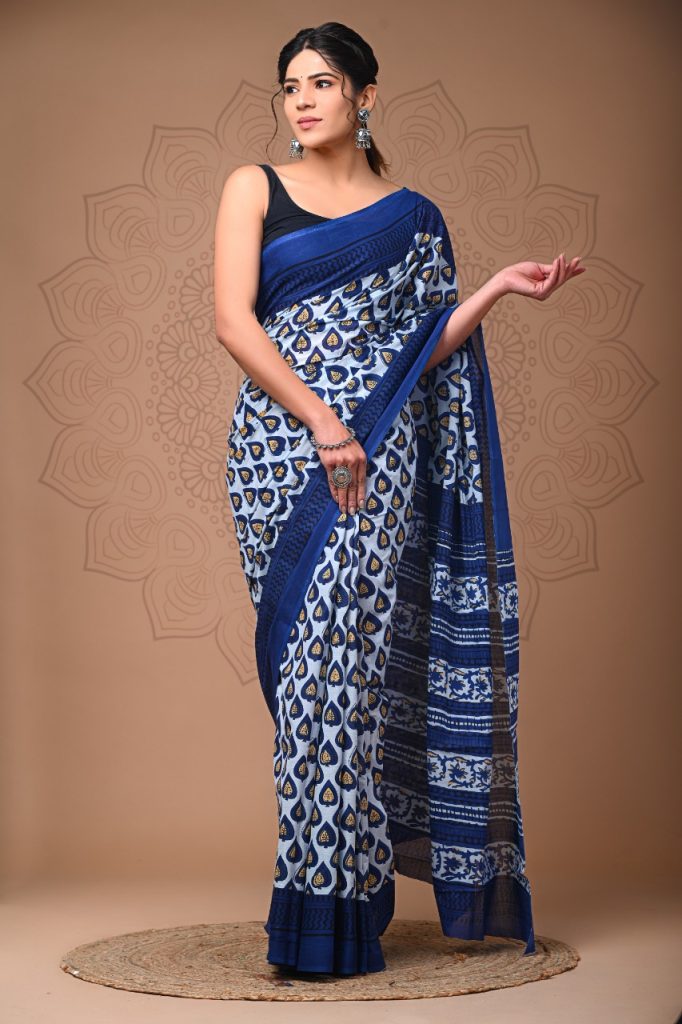 Indigo blue dabu cotton saree for daily wear