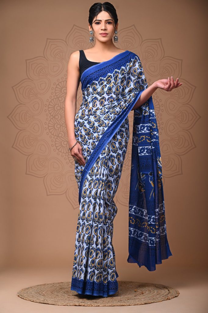 Indigo blue dabu cotton sarees wholesale