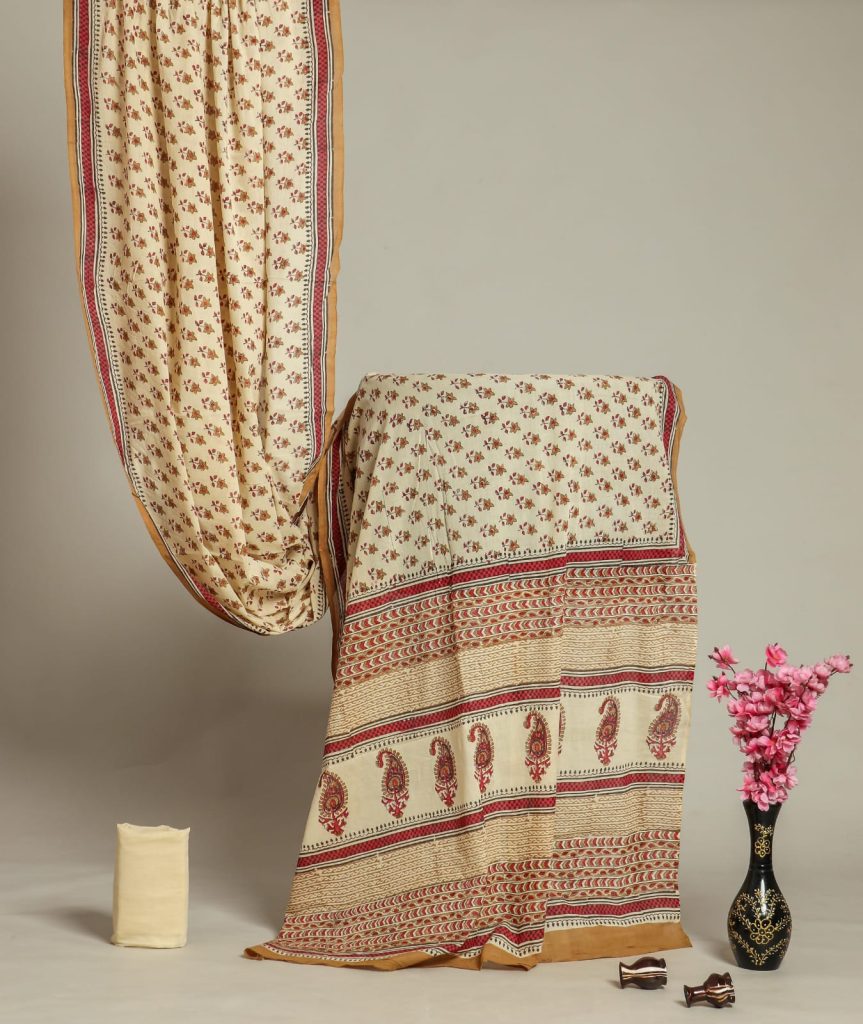Bronze color bagru daily wear printed saree in cotton mulmul