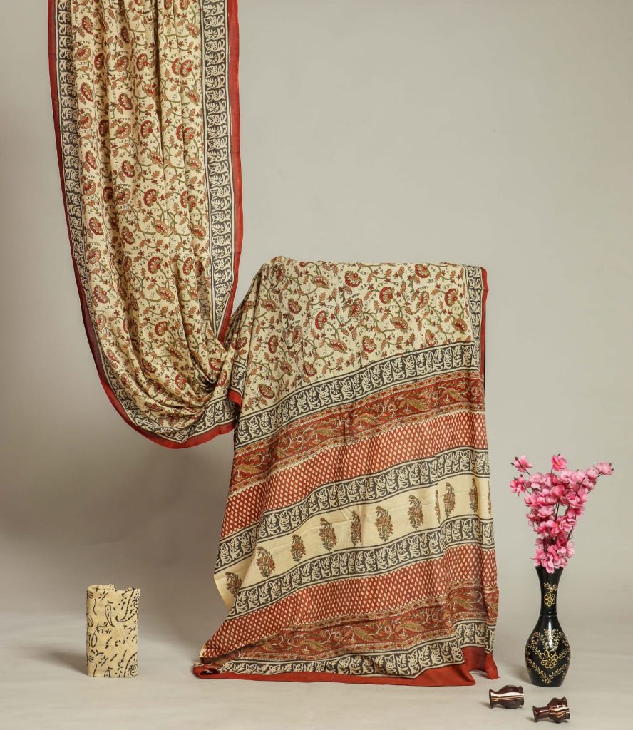 Bronze color bagru hand block printed saree in cotton mulmul