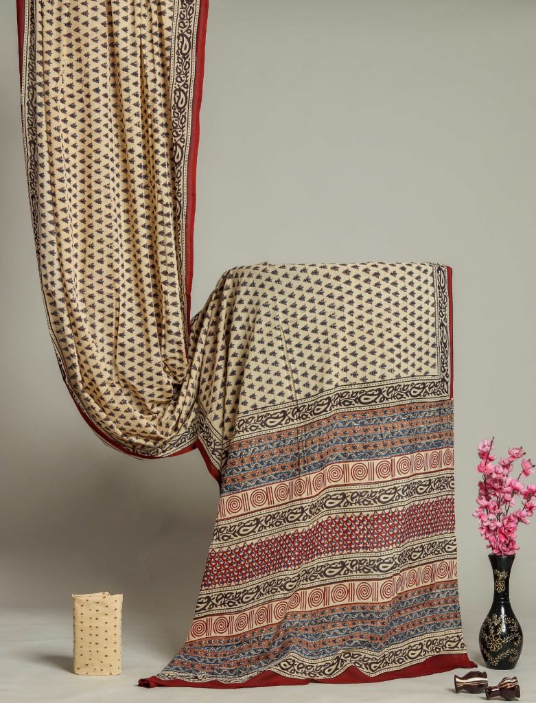Bronze color bagru print cotton mulmul latest daily wear saree
