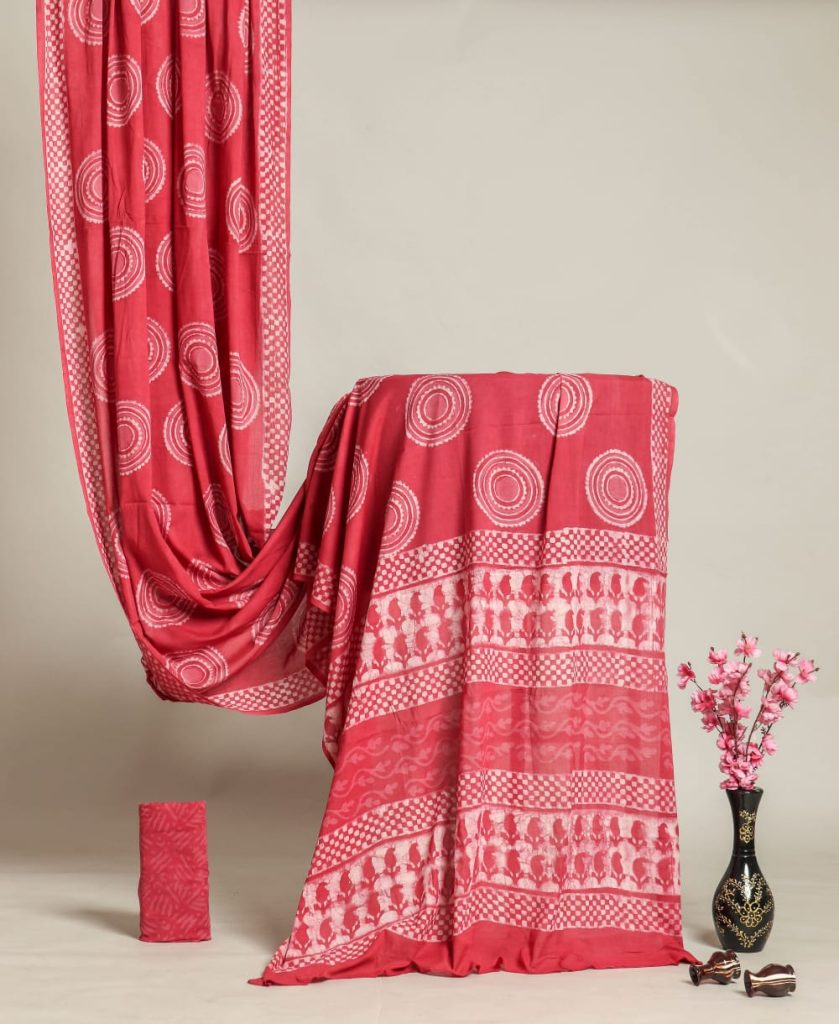Brick red block printed daily wear saree in cotton mulmul