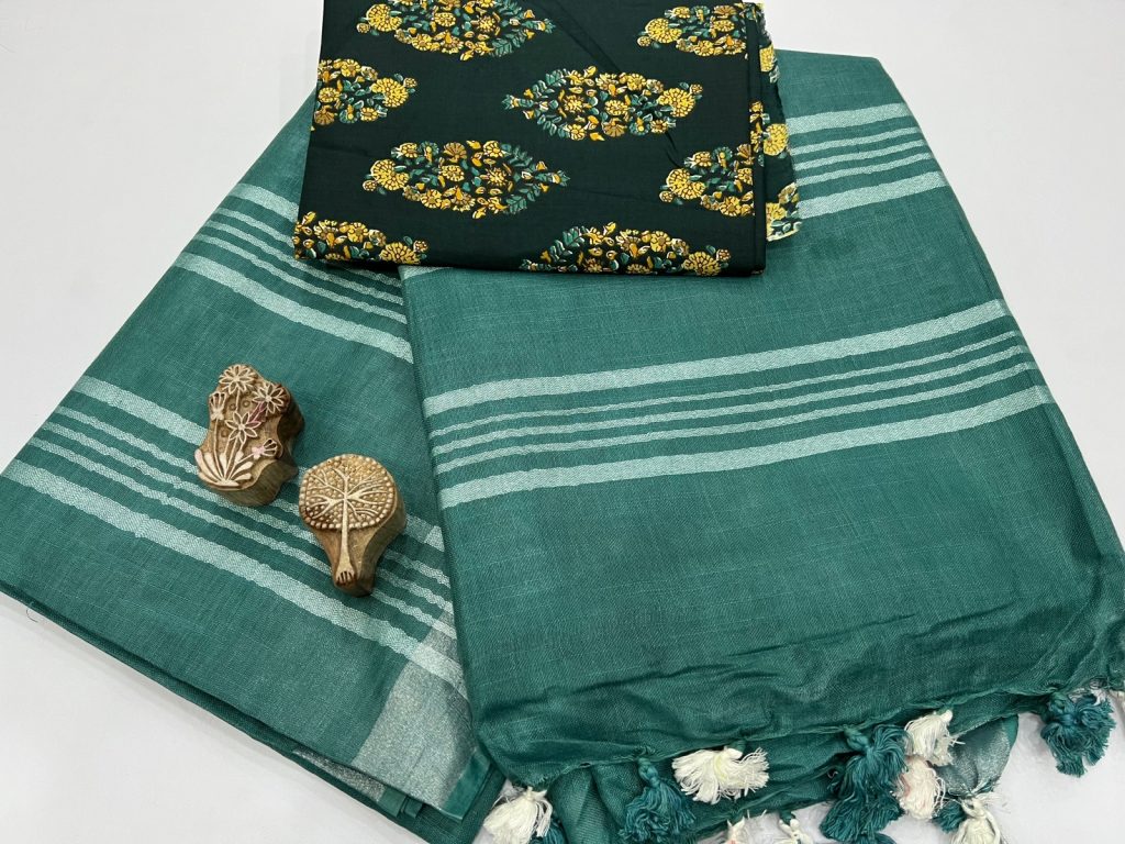 Teal green linen plain sarees latest