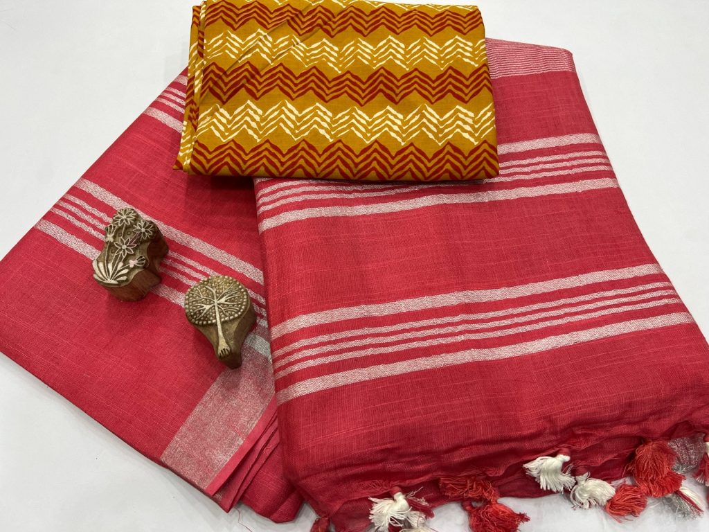 Apple red plain linen saree online