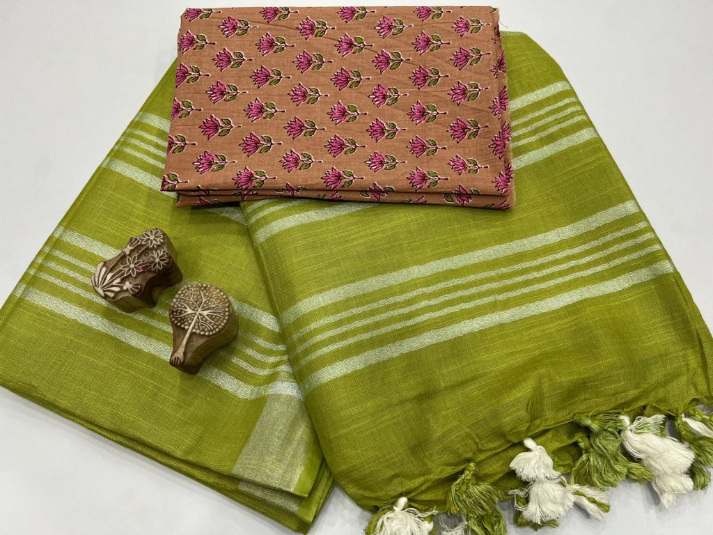 Olive green plain linen office wear saree