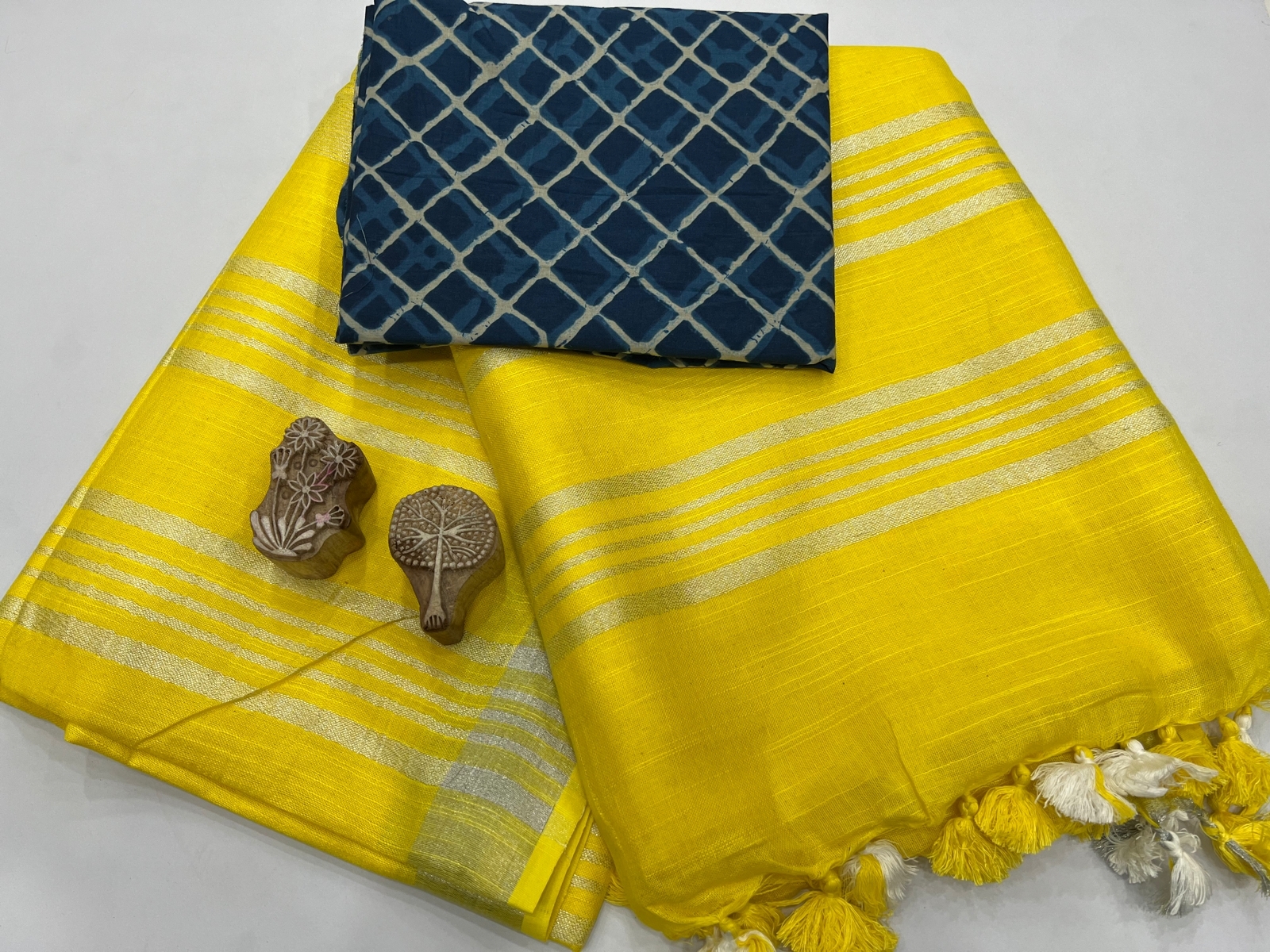 Yellow plain linen new saree collection