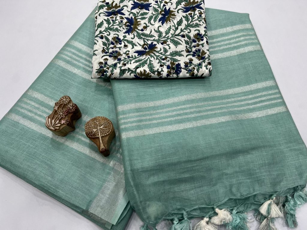 Jungle green plain cotton linen sarees