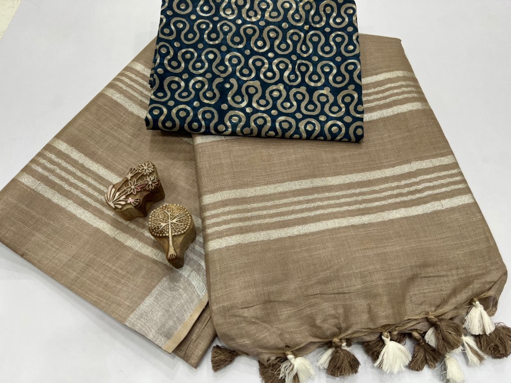 Tan brown plain linen cotton sarees wholesale