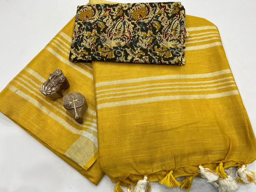 Golden yellow linen plain saree for wedding party