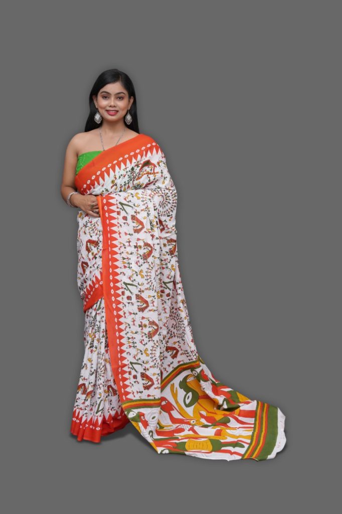 Orange printed summer cotton sarees online