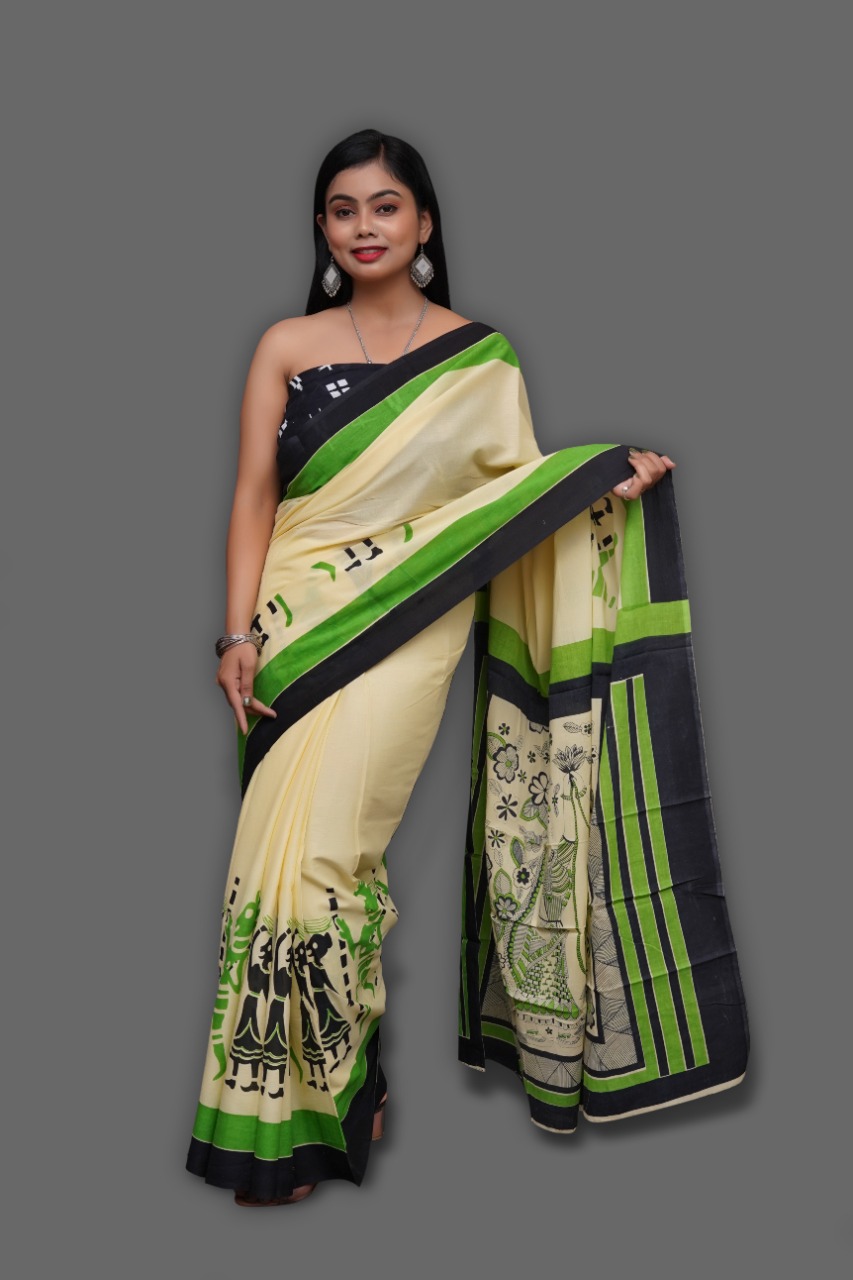 Peach yellow and green daily wear cotton sarees