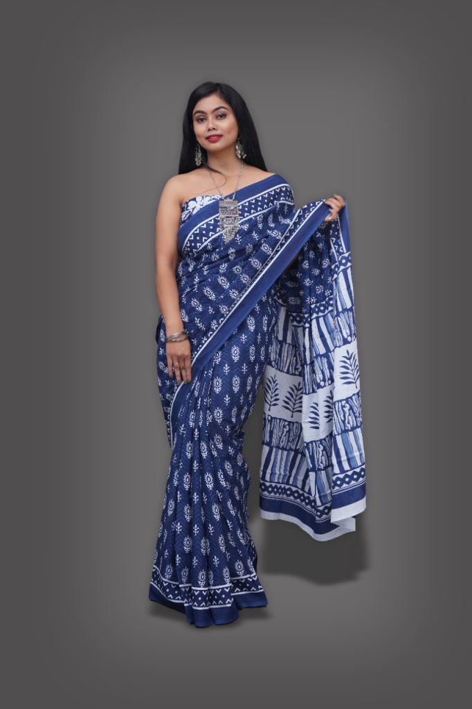 Indigo blue screen block print cotton sarees