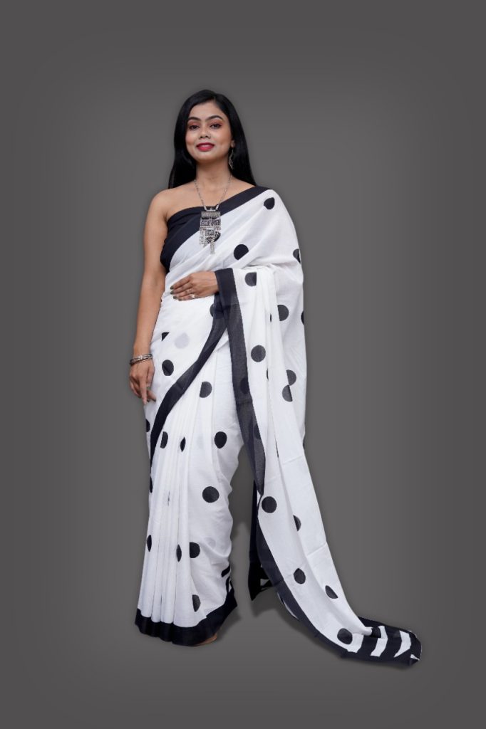 White and black polka dot soft cotton sarees with price