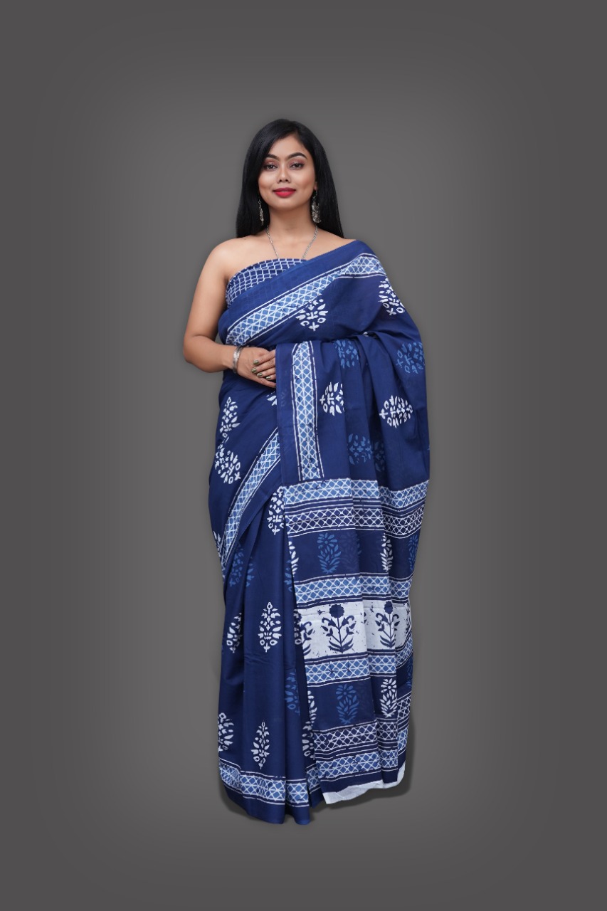 Blue indigo color cotton printed saree
