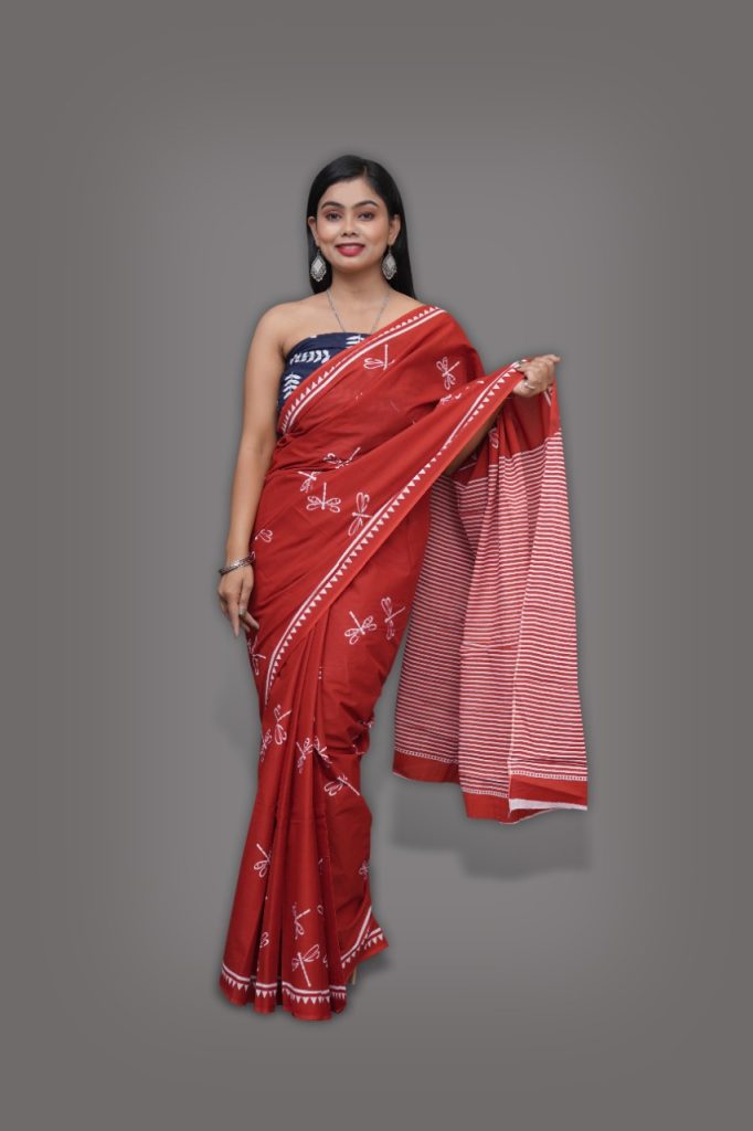 Apple red printed cotton saree online