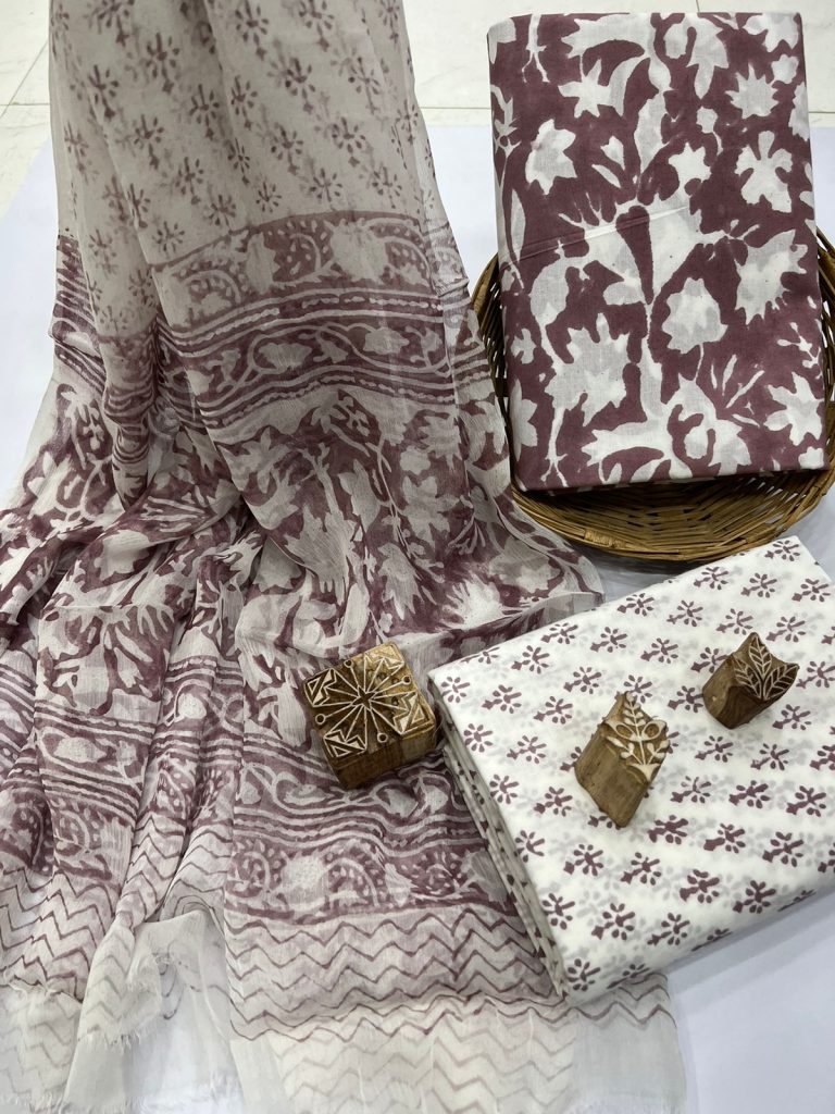 Brown block print chiffon dupatta cotton ladies suit design