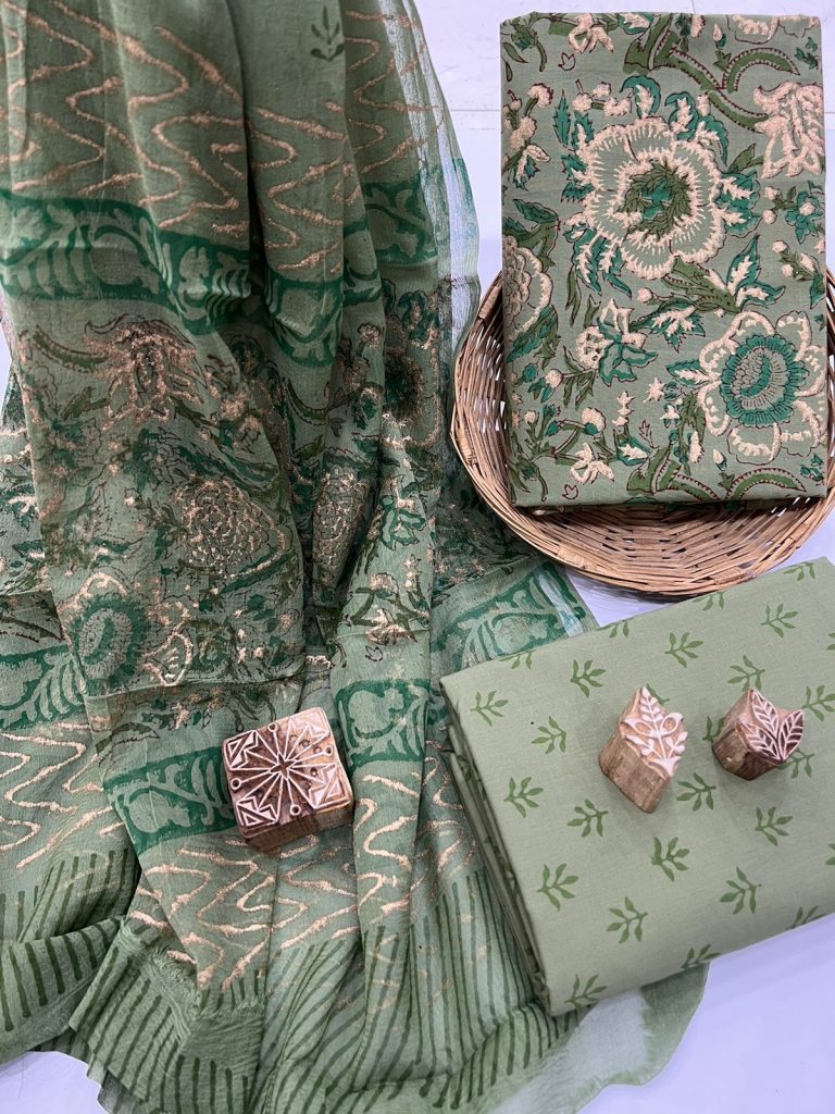 Emerald green foil gold print chiffon dupatta ladies suit cotton
