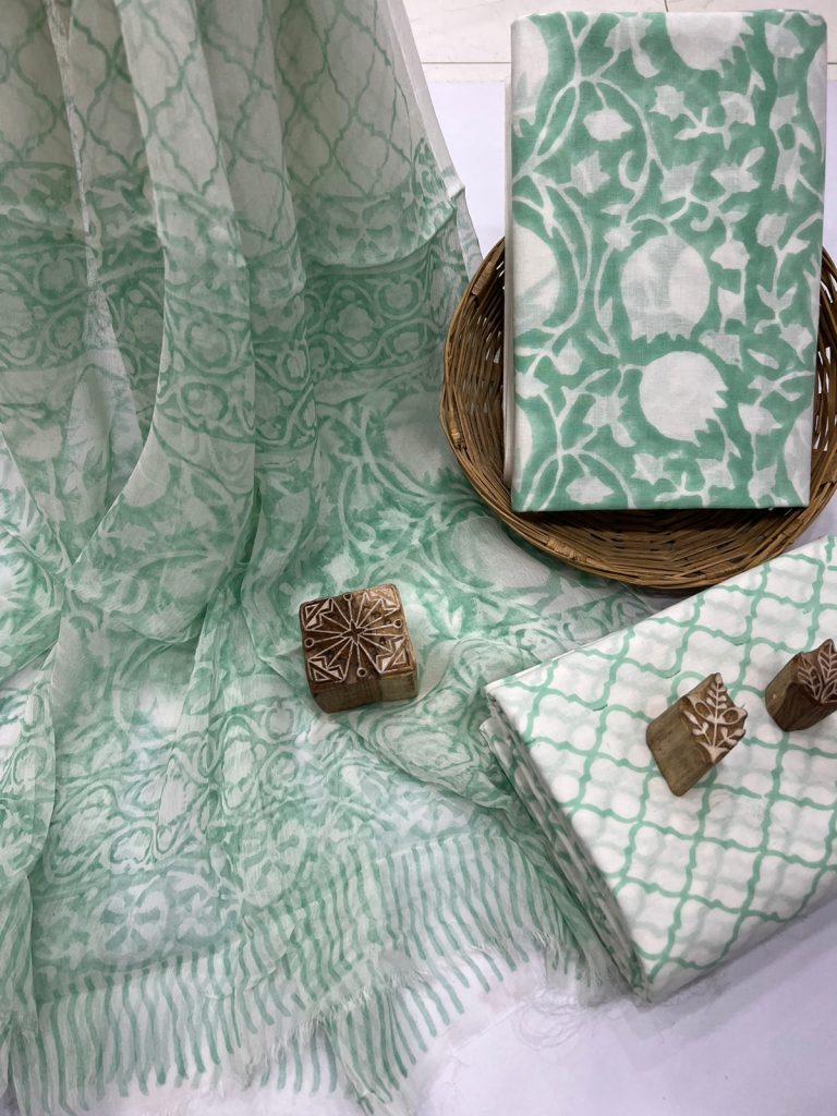 Jungle green block printed cotton unstitched salwar suit