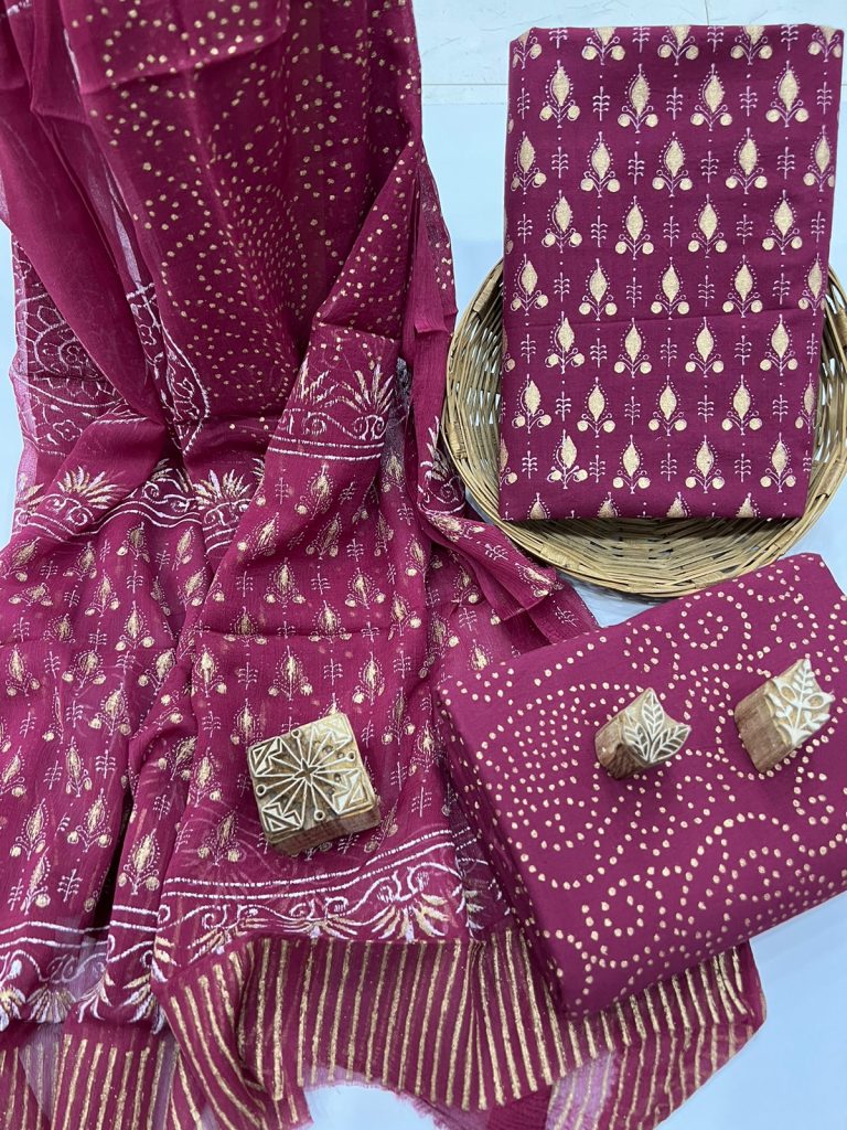 Red-violet gold foil print cotton online dress material shopping