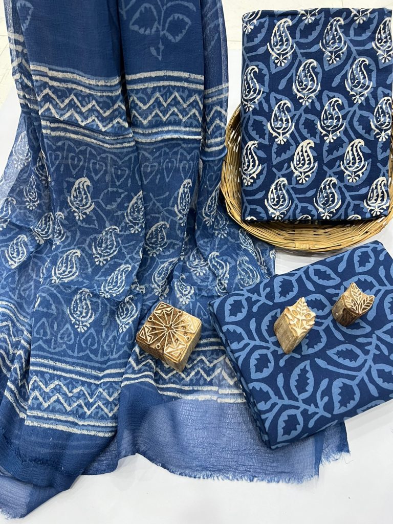 Sapphire blue chiffon dupatta cotton dress materials