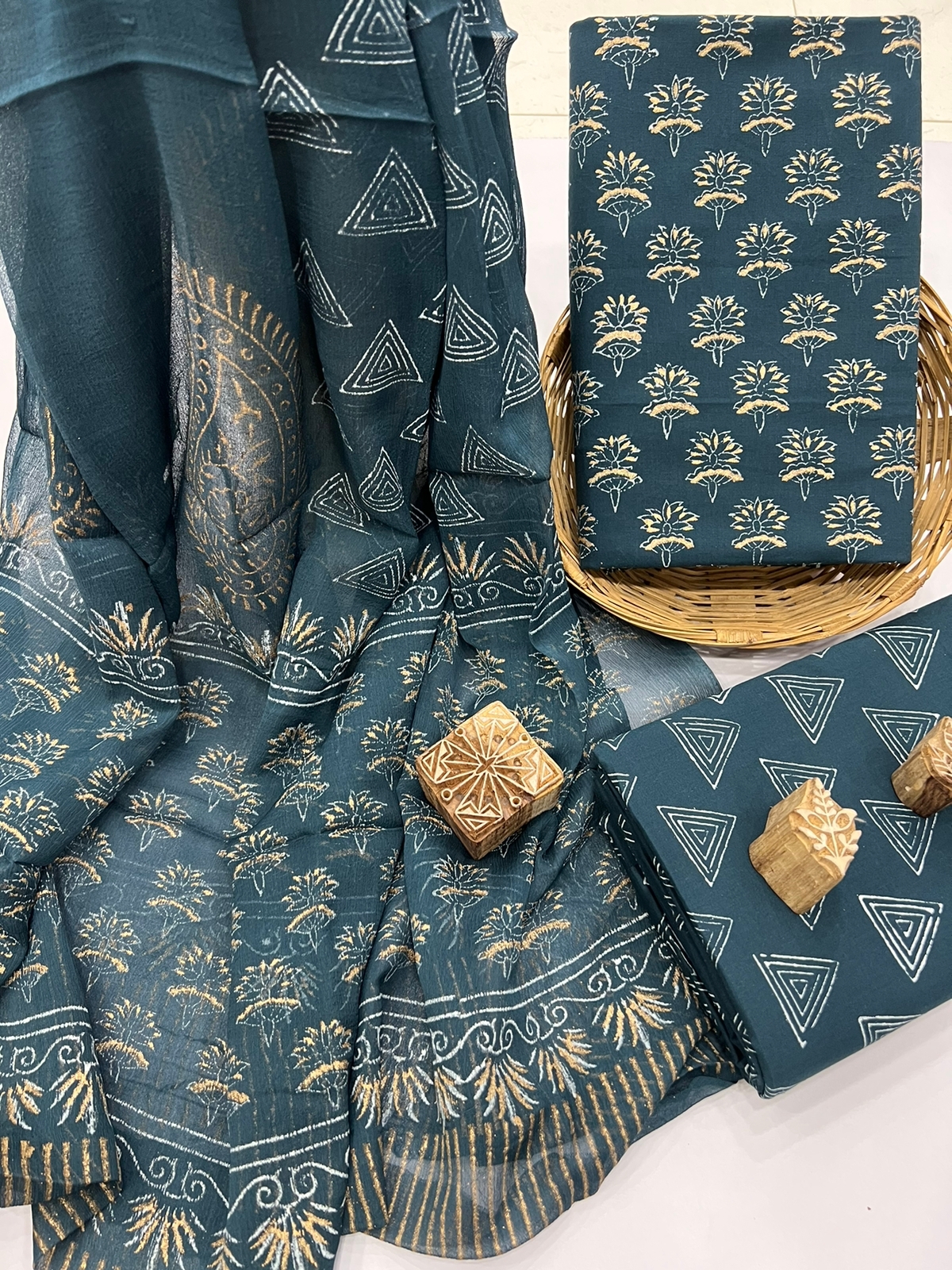Teal discharge gold foil print cotton salwar suit design