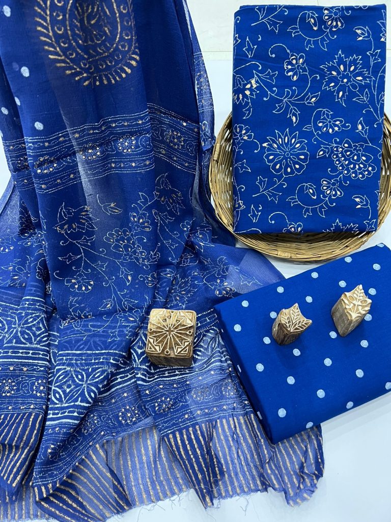Ultramarine gold foil print cotton salwar suit online shopping