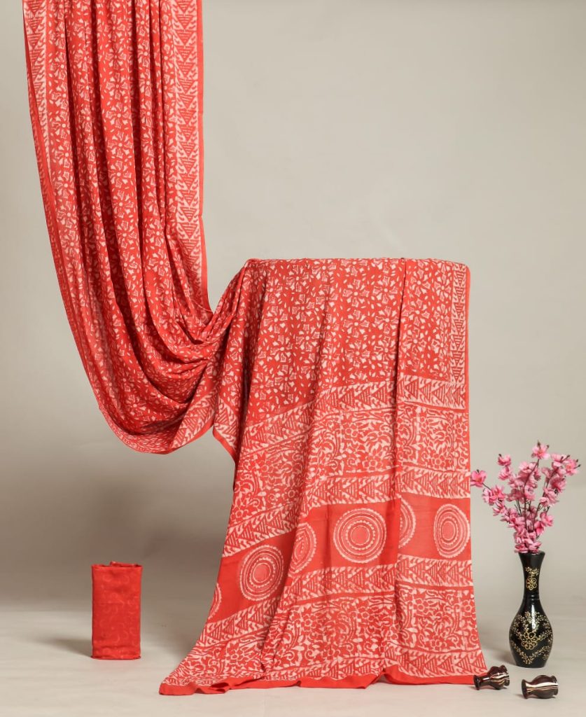 Hand block printed orange jaipur cotton sarees