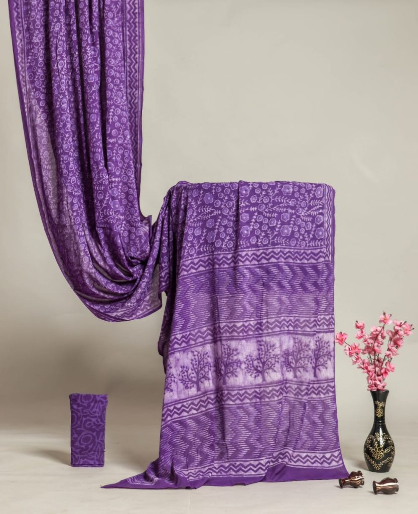 Blue-violet discharge hand block printed cotton online sadi