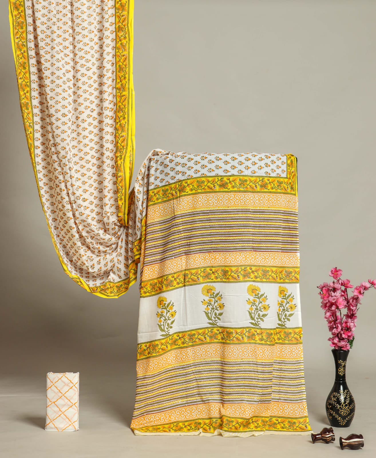 Hand block printed yellow cotton saree collection