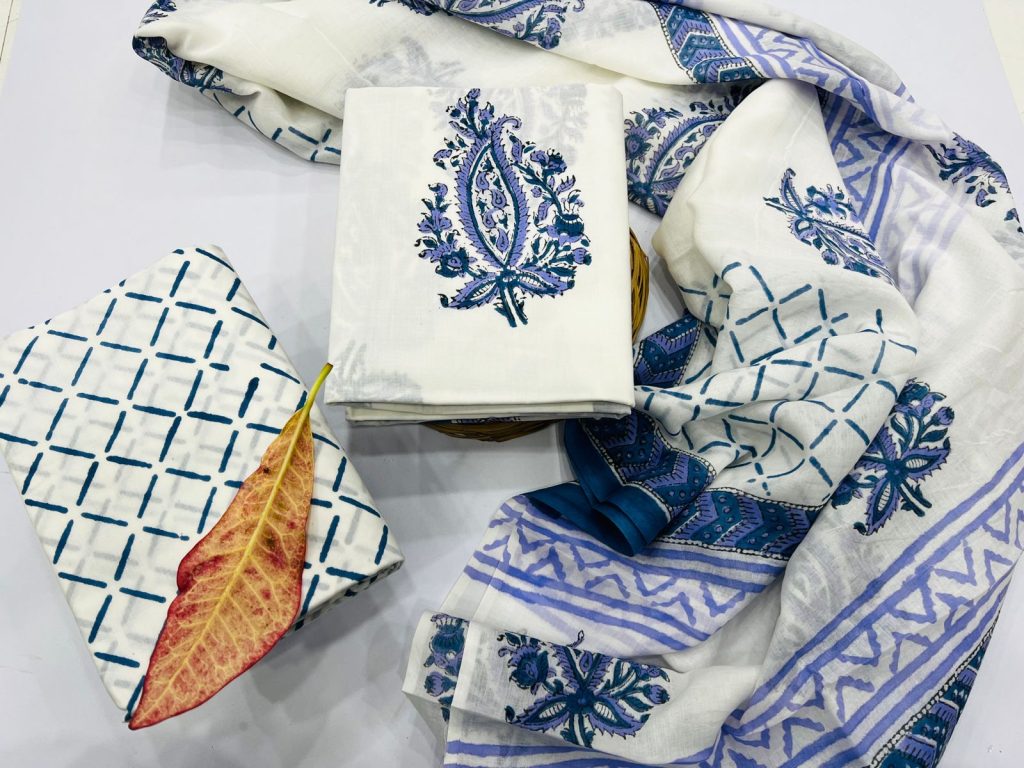 White mugal print cotton dupatta dress materials online shopping
