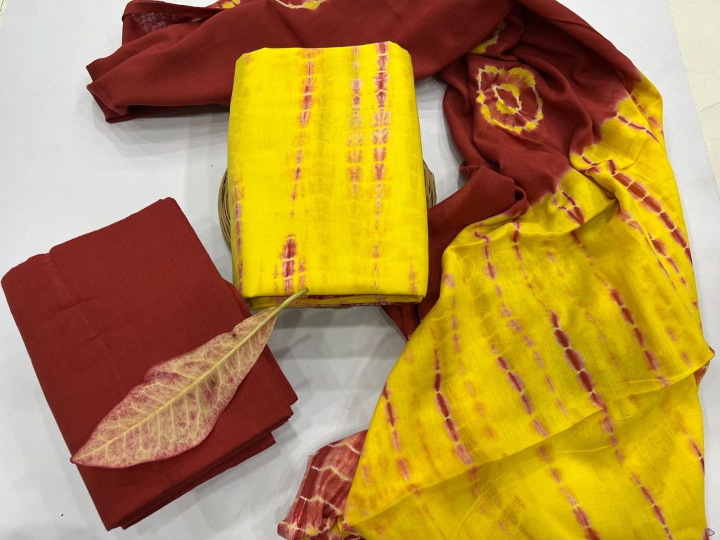 Orangy Red shibori print mulmul dupatta cotton dress materials