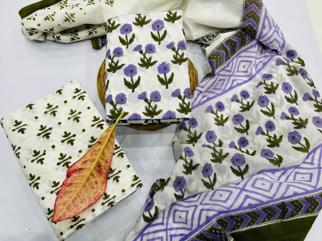 White purple booty print cotton dupatta salwar suit design