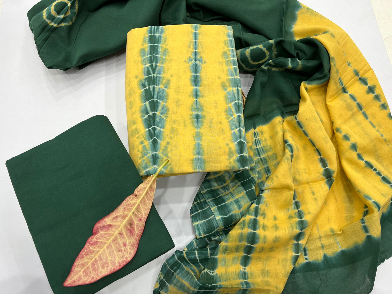 Plantation green and Light Gold cotton dupatta shibori printed salwar suit