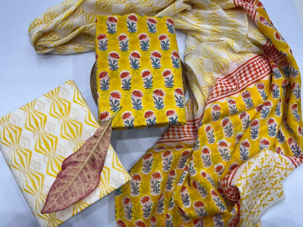 Mustard Yellow booth print cotton dupatta salwar suit online shopping